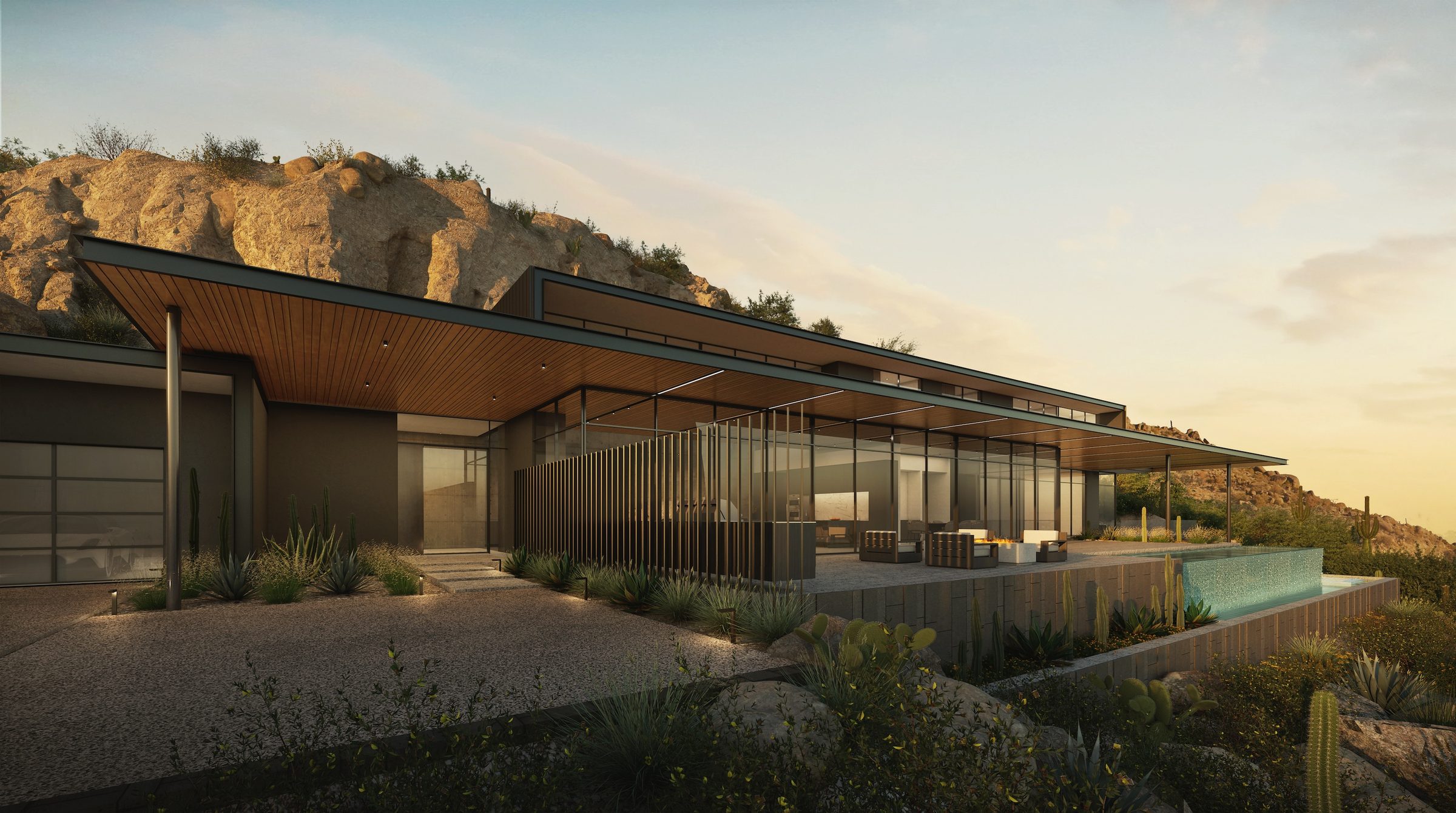 Architectural rendering — entry approach with pool deck