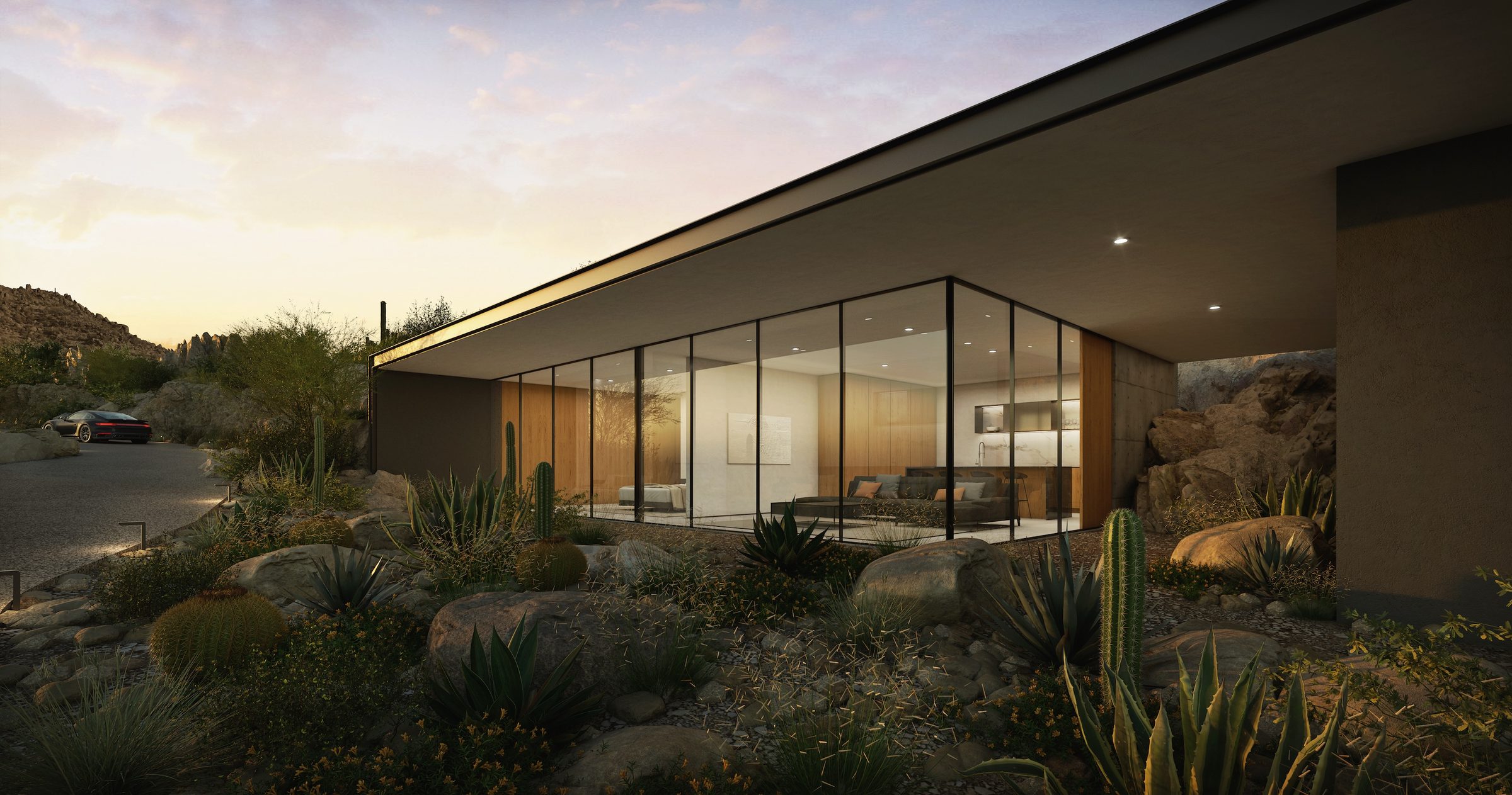 Guest casita exterior at twilight