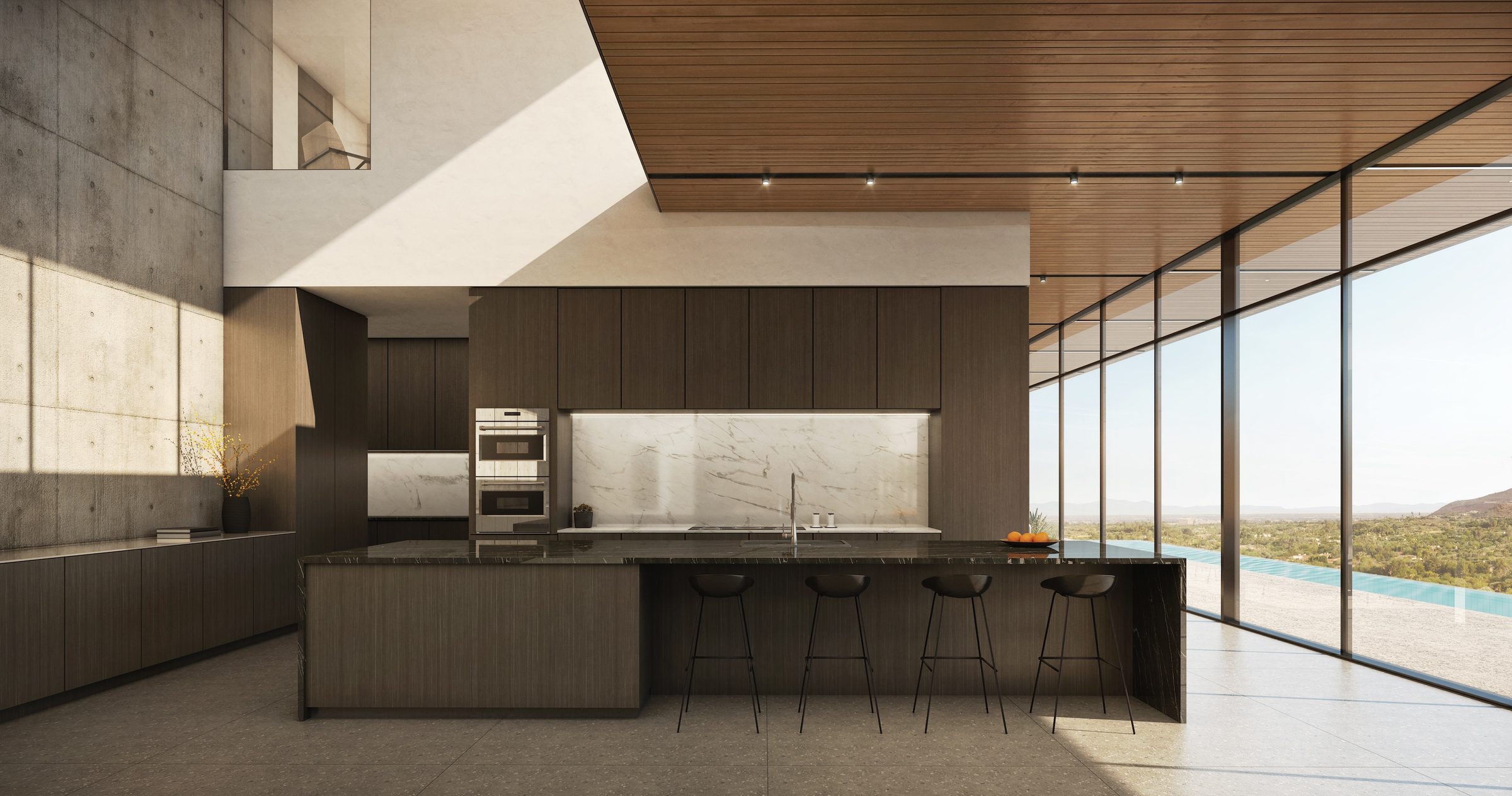 Chef's kitchen with infinity pool view