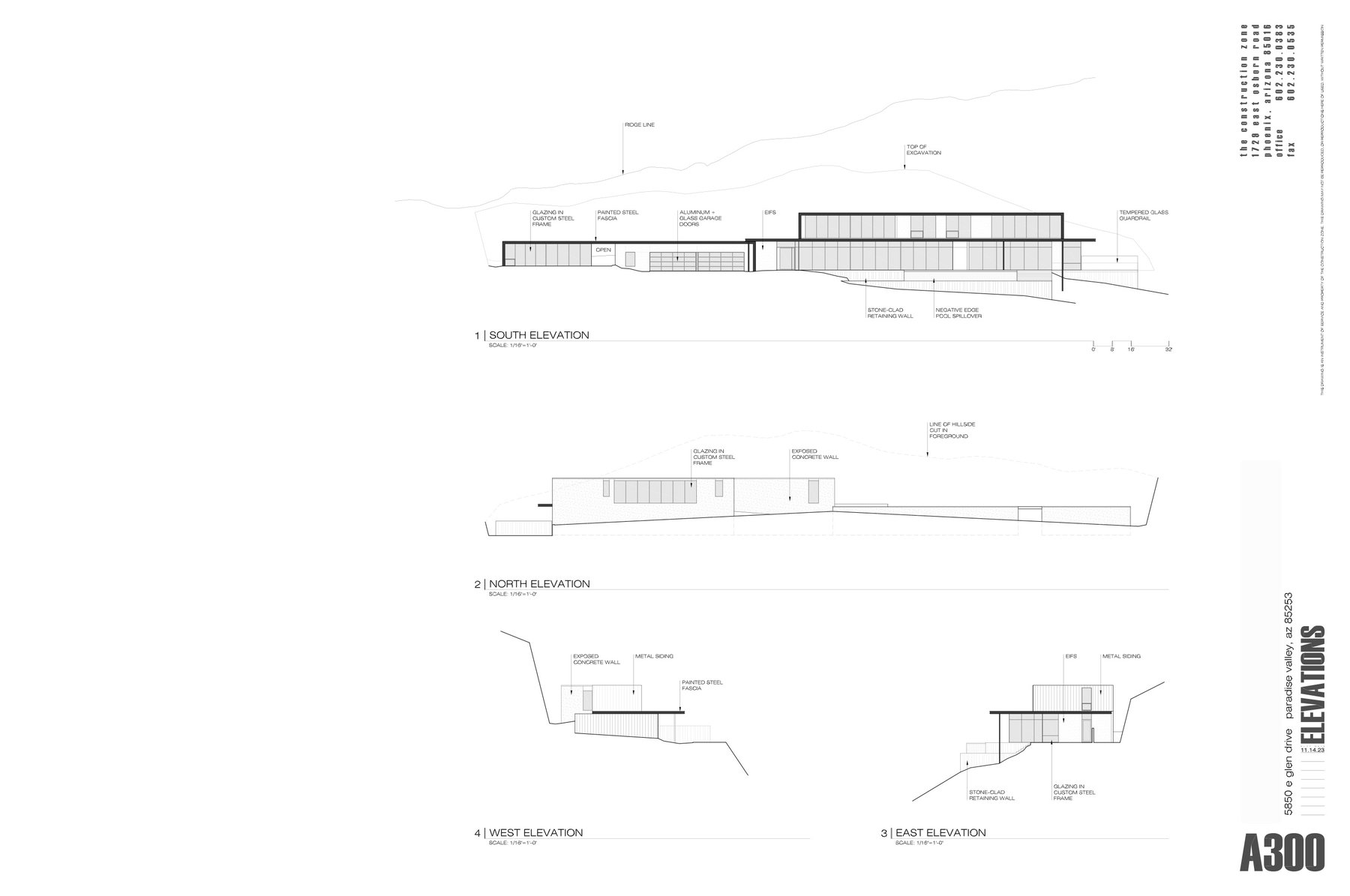 Building elevations — N, S, E, W